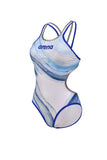 Dames One Double Cross Back One Piece neonblauw-zilver-wit
