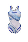 Dames One Double Cross Back One Piece neonblauw-zilver-wit