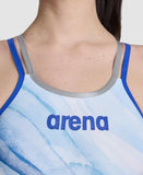 Dames One Double Cross Back One Piece neonblauw-zilver-wit