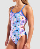 Women's Blurred Swimsuit Challenge Back White Multi-Neon Blue