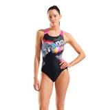 Women's Arena Lit Logo Swimsuit Swim Pro Back L Black-Shocking Pink